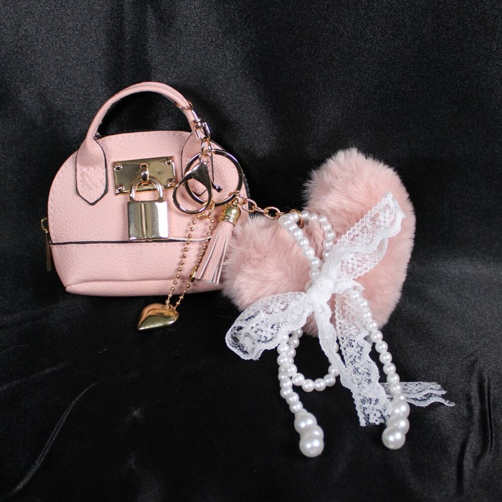 Blush Pink Mini Purse Keychain Charm with Faux Pearls, Lace Bow & Pom Pom – Hand